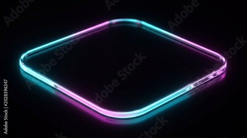 Close-up of glowing transparent glass plate with neon edges