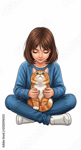 Heartwarming Digital Art: Girl's Gentle Embrace of Orange Tabby Cat, Soft Pastel Hues