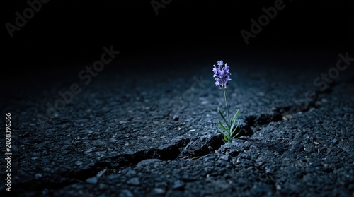 Small purple flower blooms through crack in dark asphalt road at night