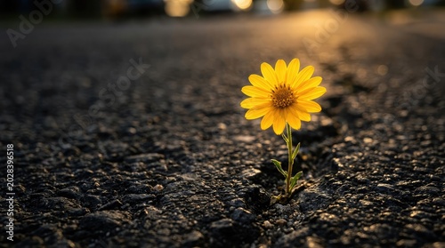 A small yellow flower blooms through cracked asphalt on a city street at sunset.