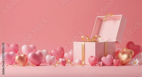 Pink gift box with hearts and confetti, Valentine's Day celebration