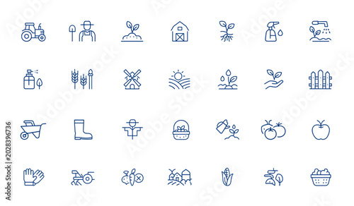 Foto Editable stroke agriculture icons featuring farming, farmer, crops, and agricultural equipment