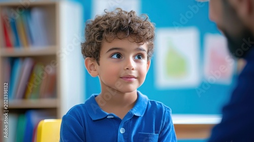 A curious child asking questions to a teacher in a bright classroom filled with educational posters and books