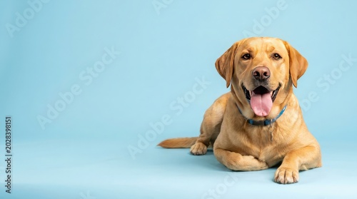 A happy dog lies on a blue surface looking at the camera with its tongue out.