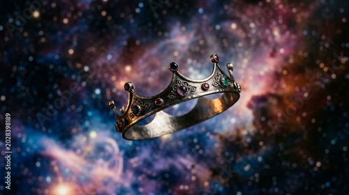 Golden Crown Floating in a Cosmic Galaxy with Stars and Nebulae.