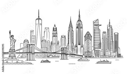 New York City skyline editable outline vector illustration
