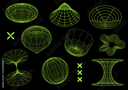 Foto Neon 3D wireframes and abstract geometric shapes in Y2K style, design elements s