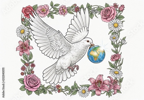 Hope takes flight: A dove carries the Earth through a vibrant floral wreath. Hand-drawn illustration, soft pastels.