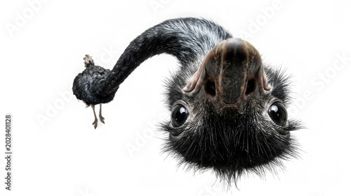 A close-up photo of an ostrich's head and neck ascending in a graph-like formation with pine wood blocks.
