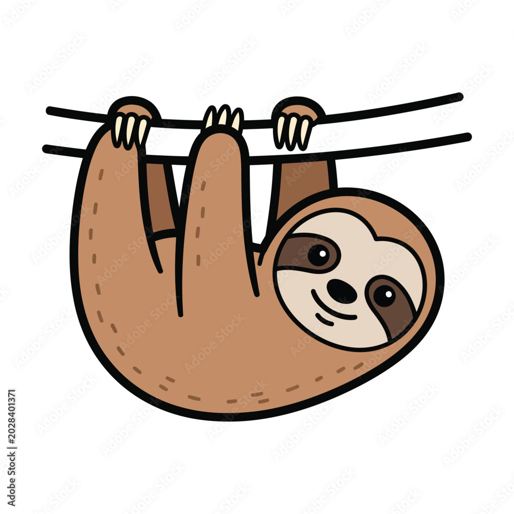 Fototapeta premium Cute Cartoon Sloth Hanging on Branch Vector Illustration