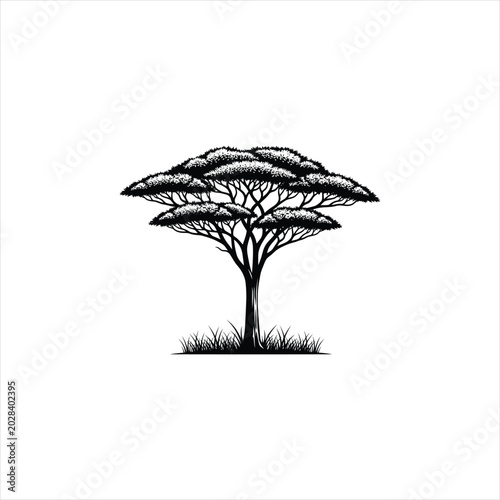 Black silhouette of an acacia tree in the african savanna isolated on white background