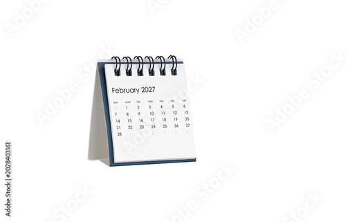 Minimalist February 2027 spiral calendar. Angled shot isolated on white with copy space for text. Perfect for business scheduling and reminders.