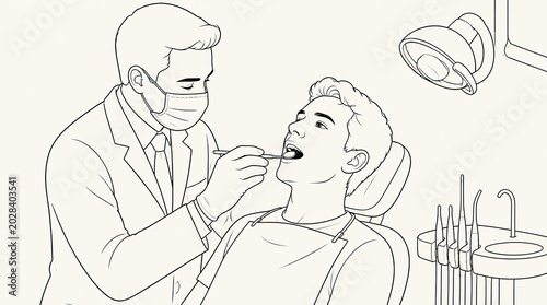 Minimalist line art illustration of a professional dentist examining a patient, created as a high resolution wide angle digital rendering for modern healthcare design and medical dental clinic art.