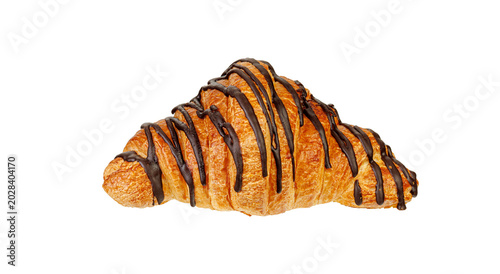 Single chocolate croissant isolated on white background. Clear texture of crispy dough and glossy glaze. High resolution image for web design, flyers, and restaurant menu illustrations.