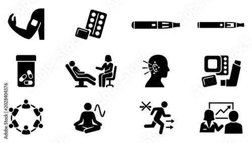 Quadro su tela Smoking Cessation Methods and Nicotine Replacement Therapy Silhouette Icon Set