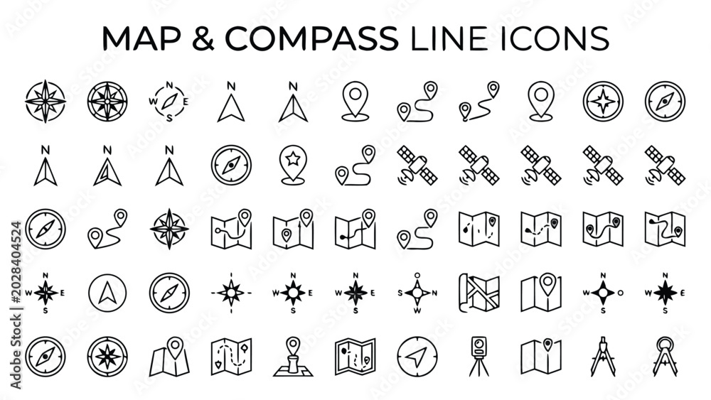Obraz premium Minimalist Vector Map and Compass Line Icons Set Featuring Location Pins, GPS Satellites, Folded Maps, Route Markers, and North Arrows for Travel, Geography, and Cartography Design Projects.