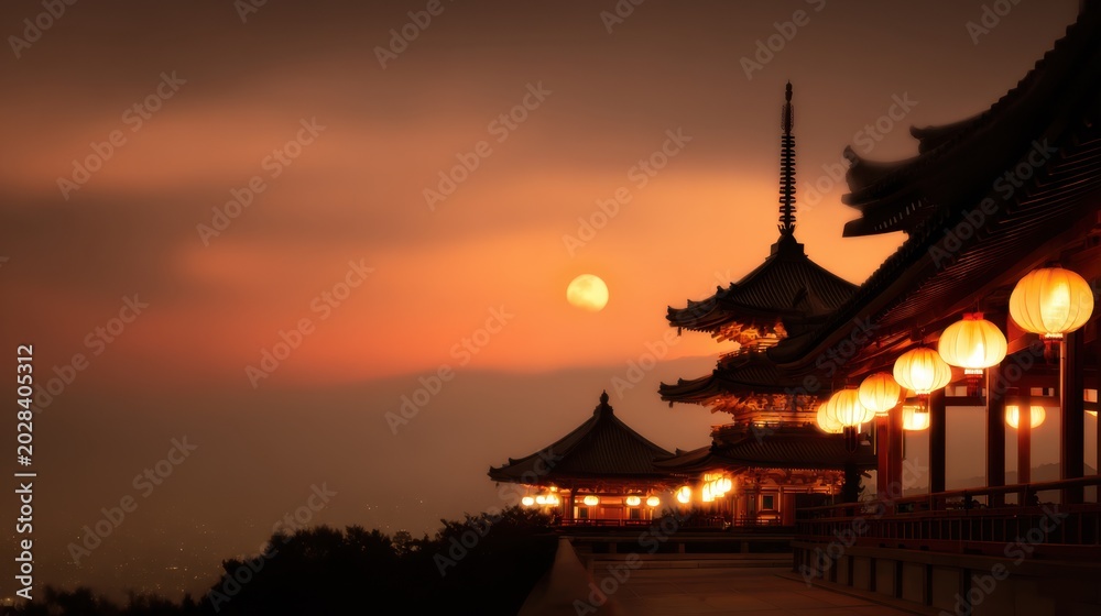 Obraz premium A serene sunset view featuring traditional architecture illuminated by lanterns against a glowing sky