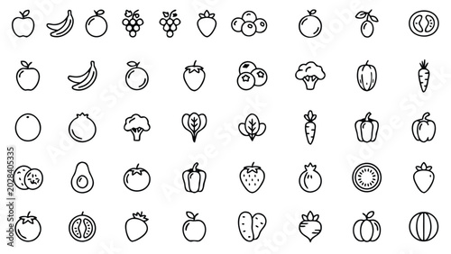 Minimalist Vector Line Icon Set of Healthy Fruits and Vegetables. Collection of Outline Symbols including Apple, Banana, Carrot, Broccoli, Strawberry, Tomato, Avocado, Pepper, Grapes, and Orange.