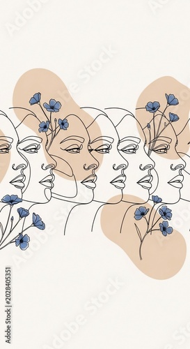 Flowing Lines of Faces with Delicate Blue Flowers - Minimalist Art