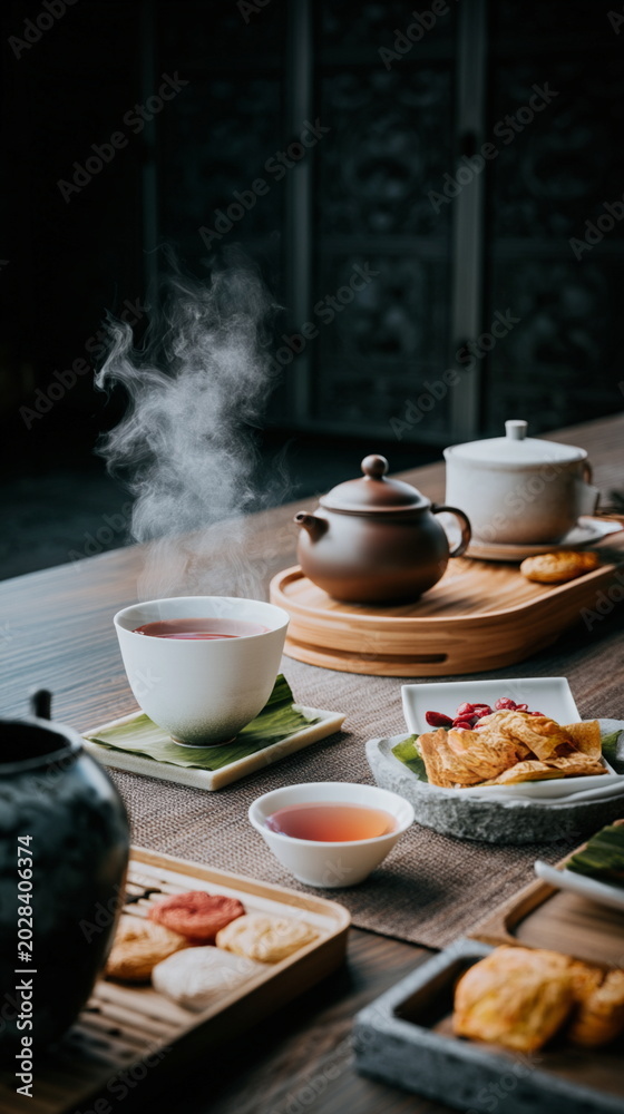 Fototapeta premium Steaming tea beside traditional teapot on wooden table, creating peaceful Asian tea ceremony atmosphere with warm cozy morning mood beautifully.