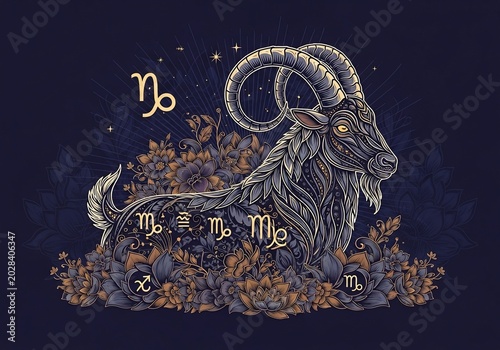 Mystical Capricorn Goat Amidst Celestial Blooms: A Zodiac Artistry in Deep Blues & Golds