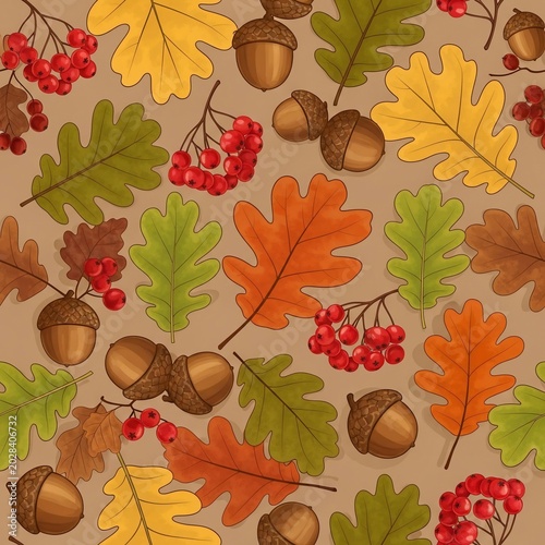 Autumn's Embrace: Textured Oaks, Berries, and Acorns in Warm Earth Tones - Digital Art