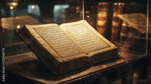 An ancient manuscript is displayed under glass in a museum exhibit with soft illumination highlighting its delicate script