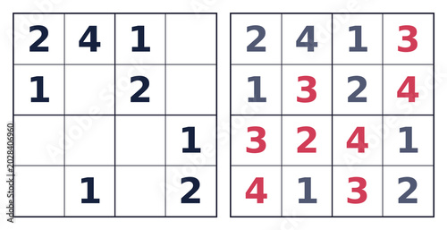 Konstfotografi 4x4 Sudoku puzzle with solution in red on black grid