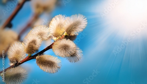 Soft Fluffy Willow Catkins Blooming Spring Branch Blue Sky Bright Sunlight Nature Macro