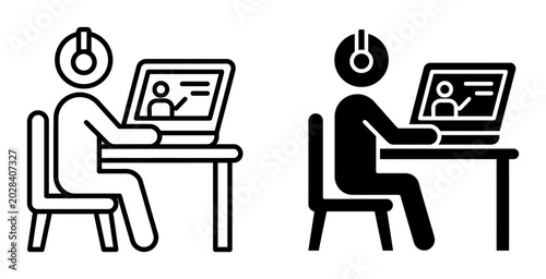 Online education icon set, student learning on laptop with headphones, remote study and webinar vector symbols