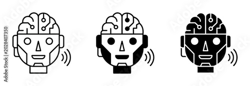 Artificial intelligence robot head icons, humanoid cyborg brain vector set, digital voice assistant symbols