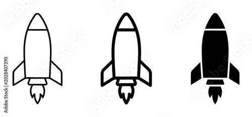 Minimalist rocket ship icons, 3 space shuttle vector set, black outline and solid launch symbols