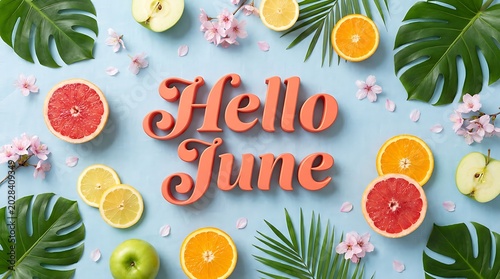 Hello june text surrounded by tropical fruits green leaves and pink blossoms on blue background.