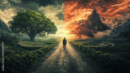 A digital art concept showing a figure of Janus standing at a crossroads with divergent paths leading into contrasting landscapes