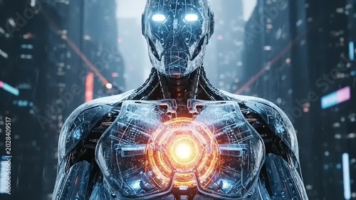 Advanced AI Robot with Glowing Core in Futuristic Cityscape.