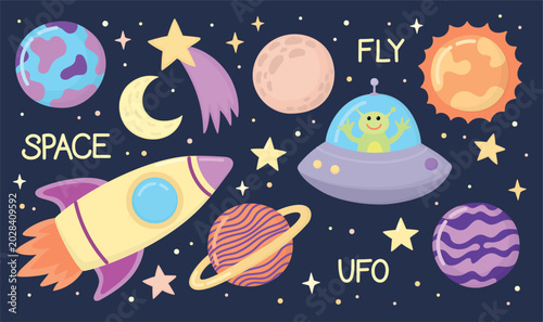 Vászonkép Colorful illustration of outer space with planets, stars, crescent moon, comet, rocket and UFO with green alien