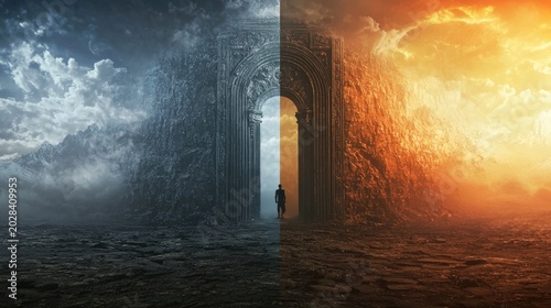 A fantasy gate guarded by a statue of Janus split by light and shadow representing duality