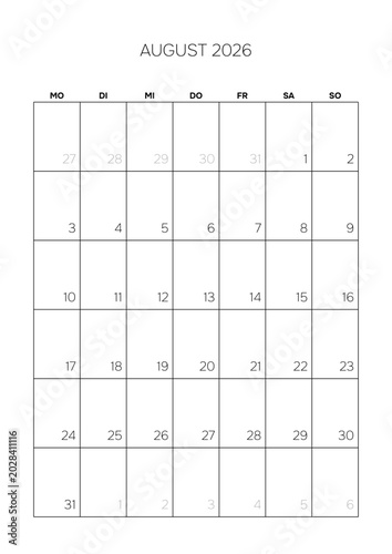 August 2026 German Blank Monthly Planner Grid Clean Business Calendar Template