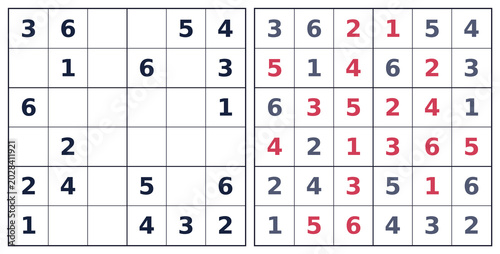 Photos 6x6 Sudoku puzzle with solution in red on black grid