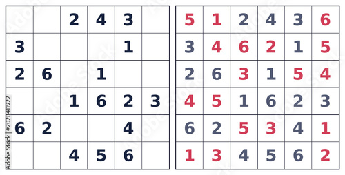 Foto Solved 6x6 Sudoku for kids with red answer