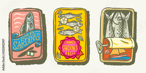 Vintage style canned seafood illustrations featuring sardines with lemon and olive oil. For menus, food packaging, cooking magazines, kitchen decor prints, t-shirt