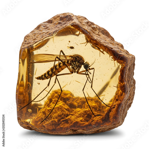 A mosquito is trapped in amber isolated on white background