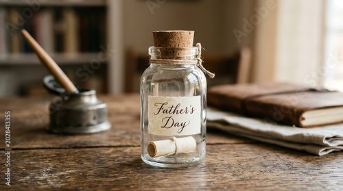Message in a bottle for Father's Day with a rolled scroll and a quill