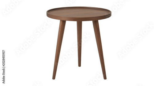 Konstfotografi Round wooden side table with three thin metal legs on floor isolated on transpar