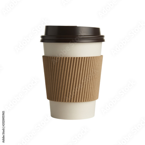 Takeaway coffee cup with cardboard sleeve and plastic lid on table isolated on transparent background