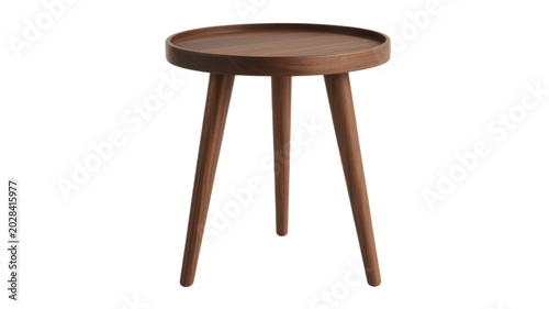 Round wooden side table with three thin black metal legs on floor isolated on transparent background