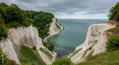 White chalk cliffs of Rügen island over the sea.