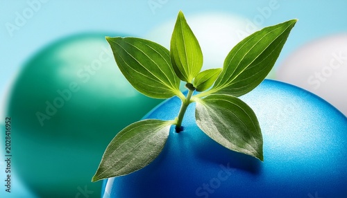 Green Plant Sprig On Blue And Green Spheres