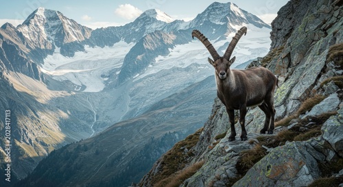 Wild ibex perched on a high rocky mountain ridge.