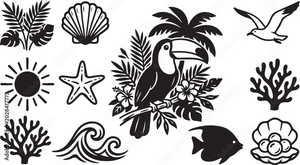 Fototapeta premium Tropical icons with toucan and sea creatures design